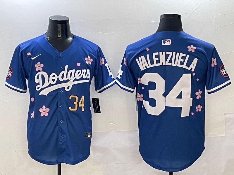 Men Los Angeles Dodgers 34 Valenzuela Blue Sakura Edition 2025 Nike MLB Jersey style 3